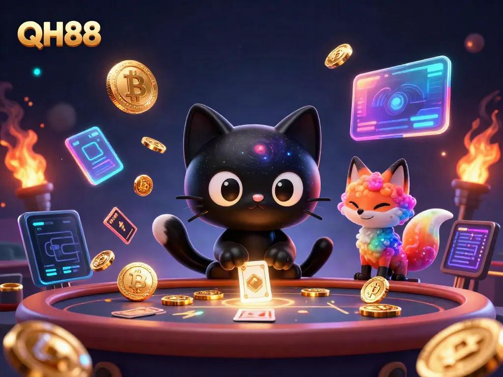 Experience the excitement of QH88 as a cosmic black hole cat attracts golden chips in a vibrant casino scene.