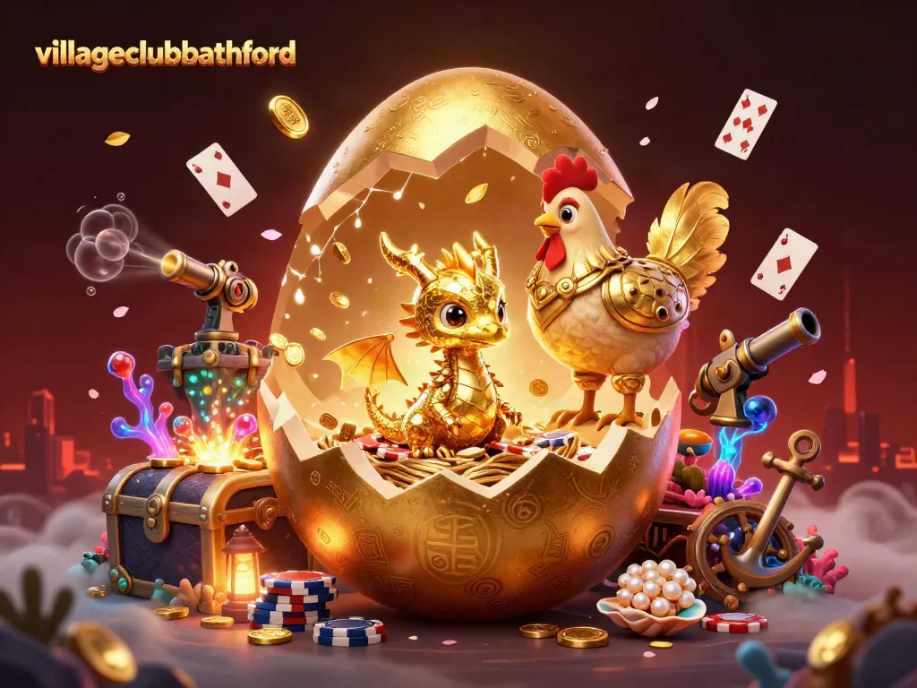 Engage in exciting gaming at villageclubbathford with a golden dragon and poker chips in an enchanting casino scene.
