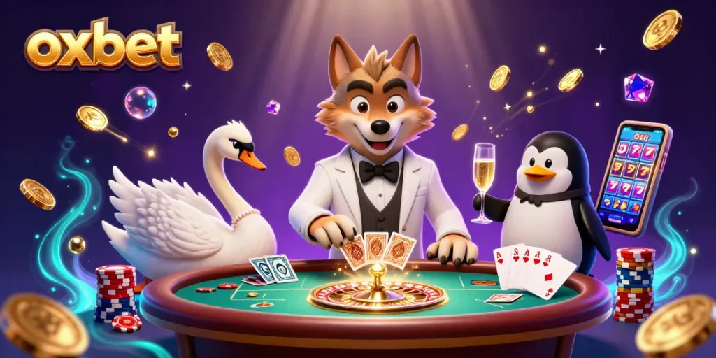 Win big at oxbet with cartoon characters celebrating around lavish games and golden coins.