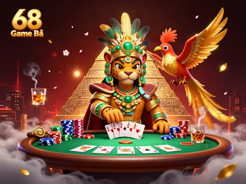 Engage in thrilling gameplay with 68 Game Bài, featuring vibrant poker elements in a dynamic casino scene.