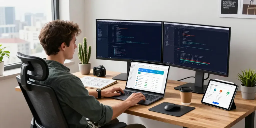 Developer engaged in instant indexing software development in a modern office.