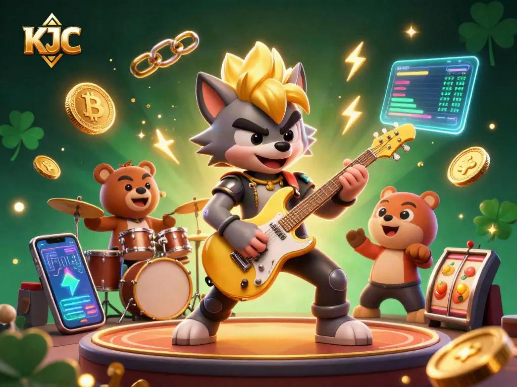 KJC showcases dynamic casino energy with cartoon rock star wolf and drummer bear in vibrant scene.
