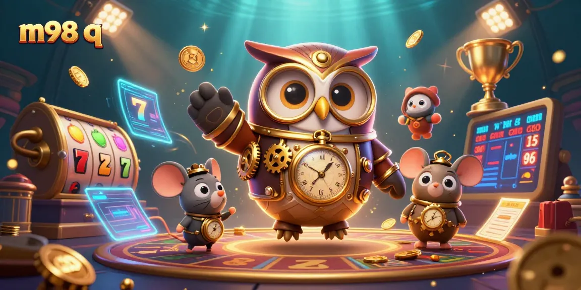 Engage in m98 q with a captivating steampunk casino scene filled with dynamic characters and colorful gameplay elements.