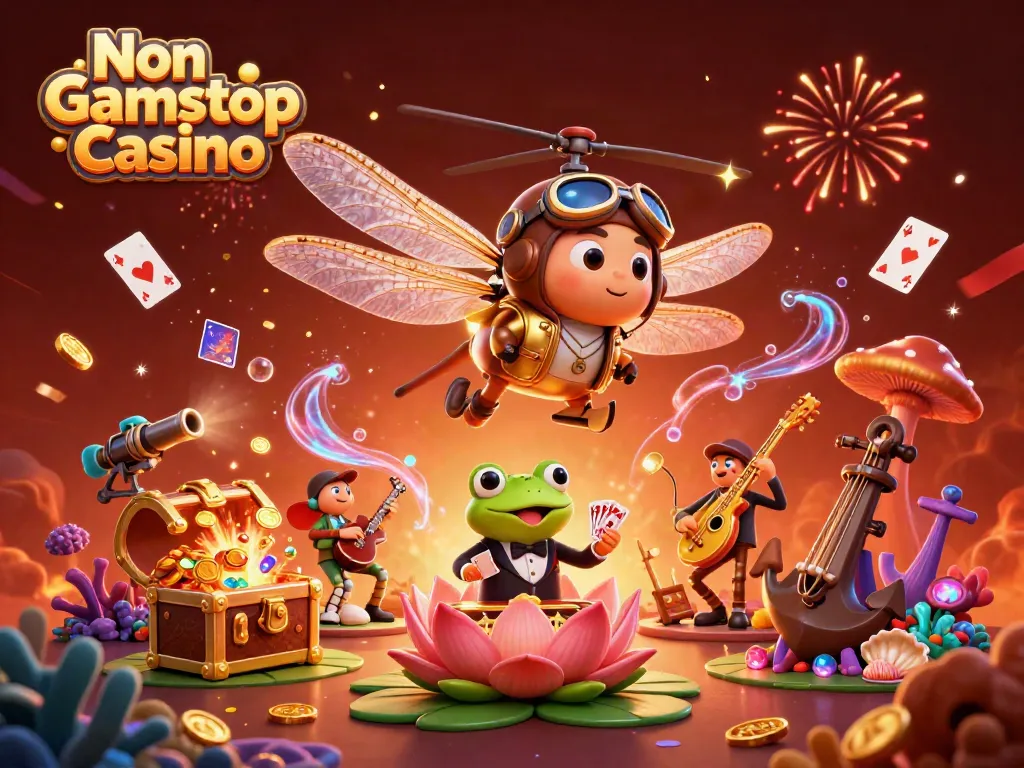 Experience the thrill of Non Gamstop Casino with a vibrant 3D illustration of gaming elements and characters.