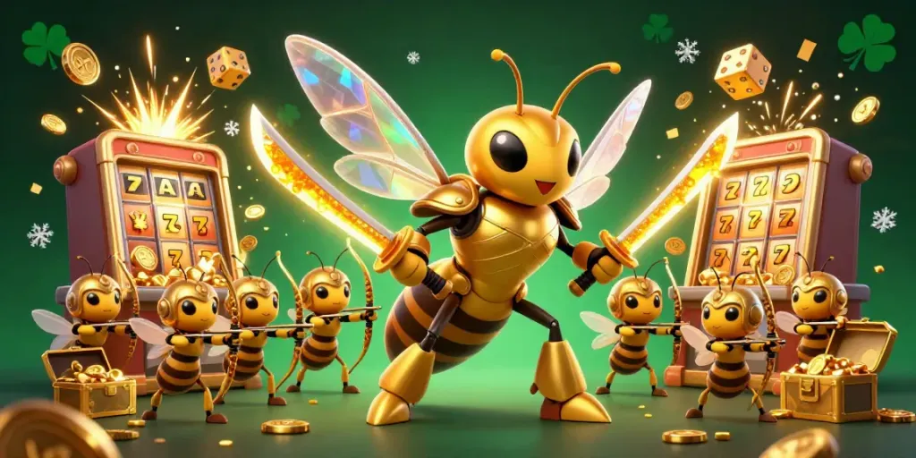 LLWIN showcases a dynamic casino scene with a hornet and bee archers celebrating jackpot wins among falling coins and confetti.