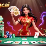 Bet on keonhacai with golden cards and a guardian lion in a vibrant poker scene.