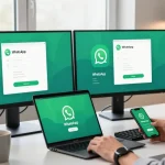 Person downloading WhatsApp下載 on a laptop in a modern workspace.