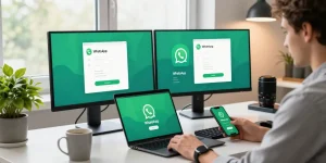 Person downloading WhatsApp下載 on a laptop in a modern workspace.