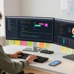 Developer coding the spicy chat ai application in a modern tech workspace.