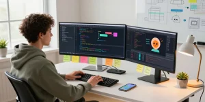 Developer coding the spicy chat ai application in a modern tech workspace.