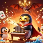 Experience the excitement at trang chủ 33win with a vibrant scene of a penguin playing an organ while coins fly.
