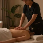 Relaxing 안양출장마사지 session in a serene home environment with professional therapist, soft lighting, and calming elements.