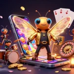 A vibrant hitclub illustration showcasing a rock star cicada with a colorful slot game, captivating players in 3D casino energy.